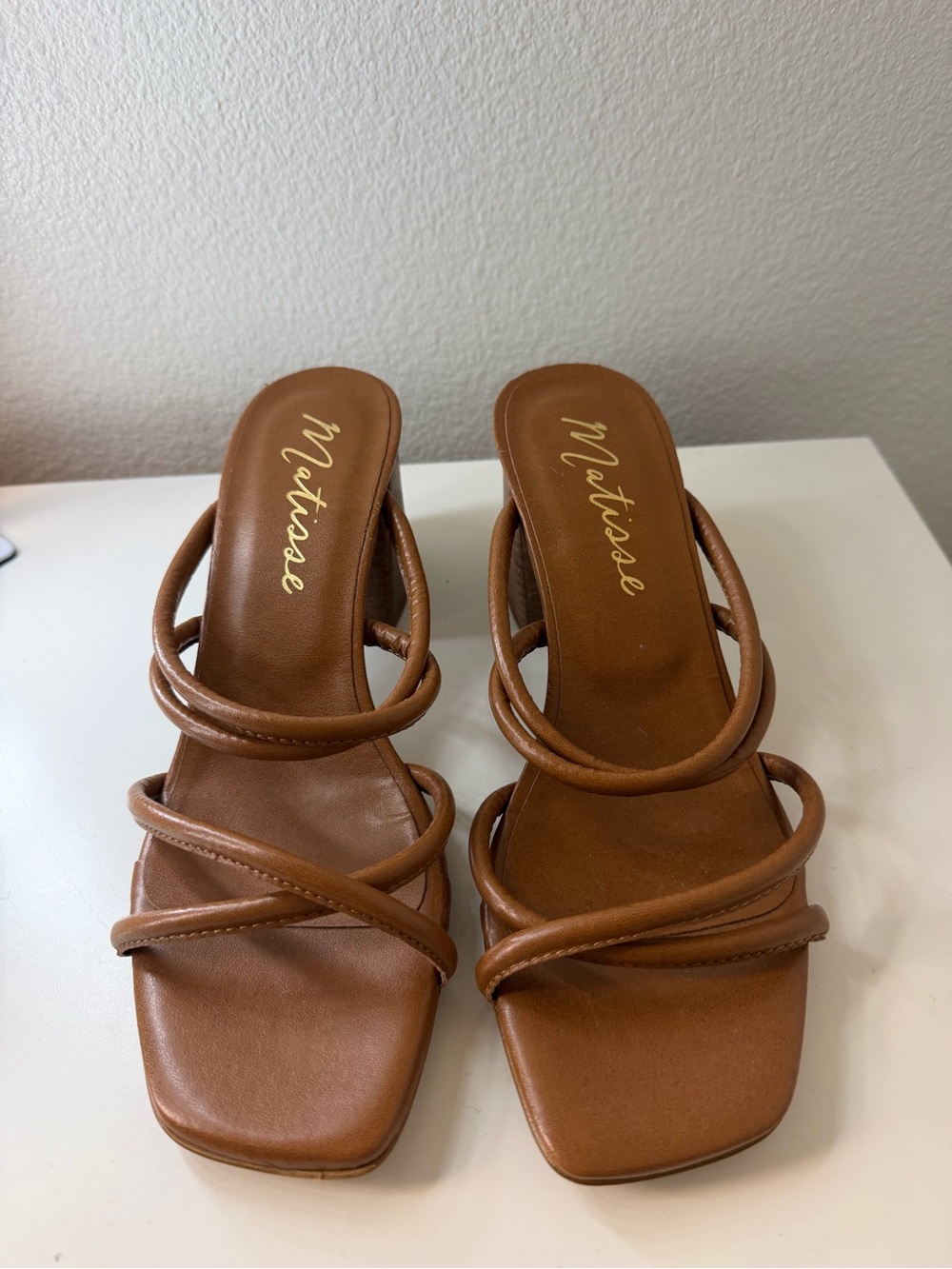 Matisse Tan Multi-Strap Square-Toe Heels